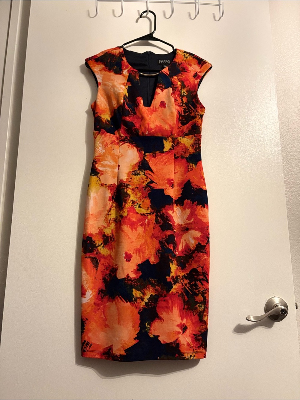 Enfocus Studio Orange and Navy Floral Midi Sheath Dress